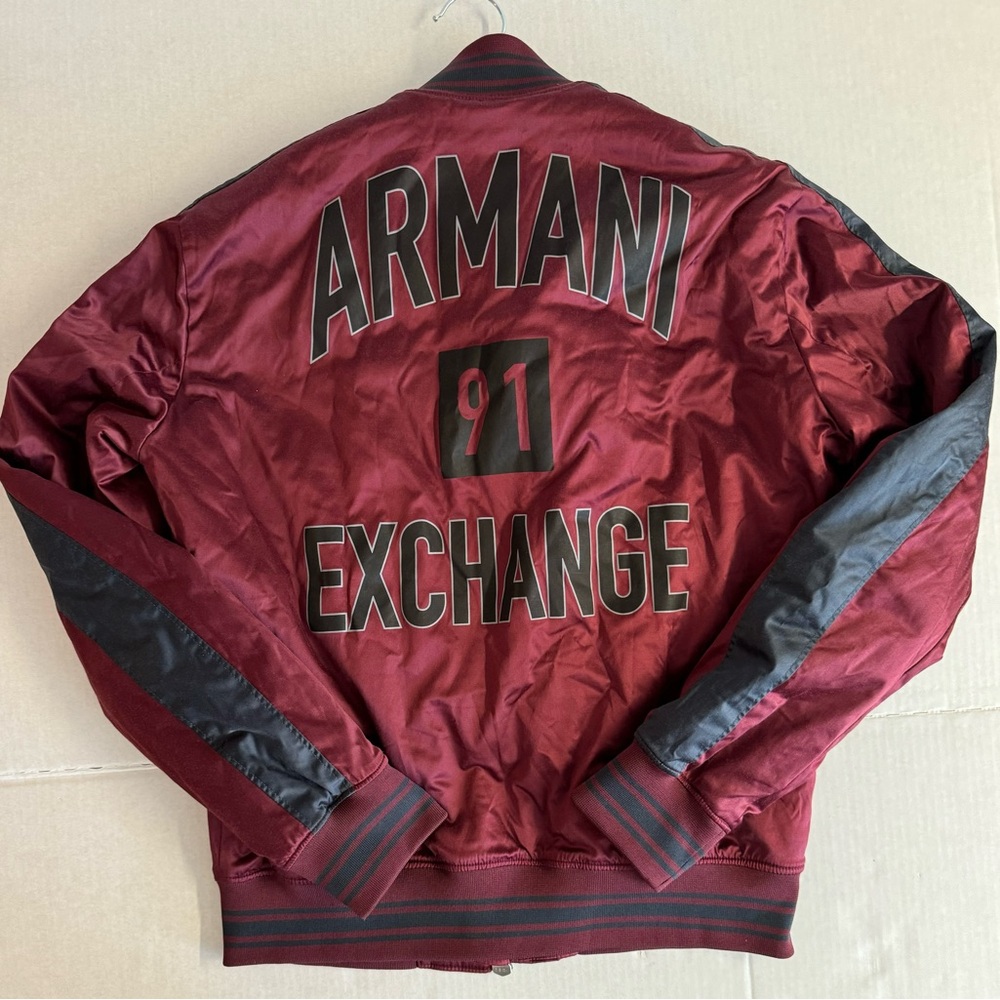 Armani Exchange-Burgundy and black varsity jacket with logo.Size S/P